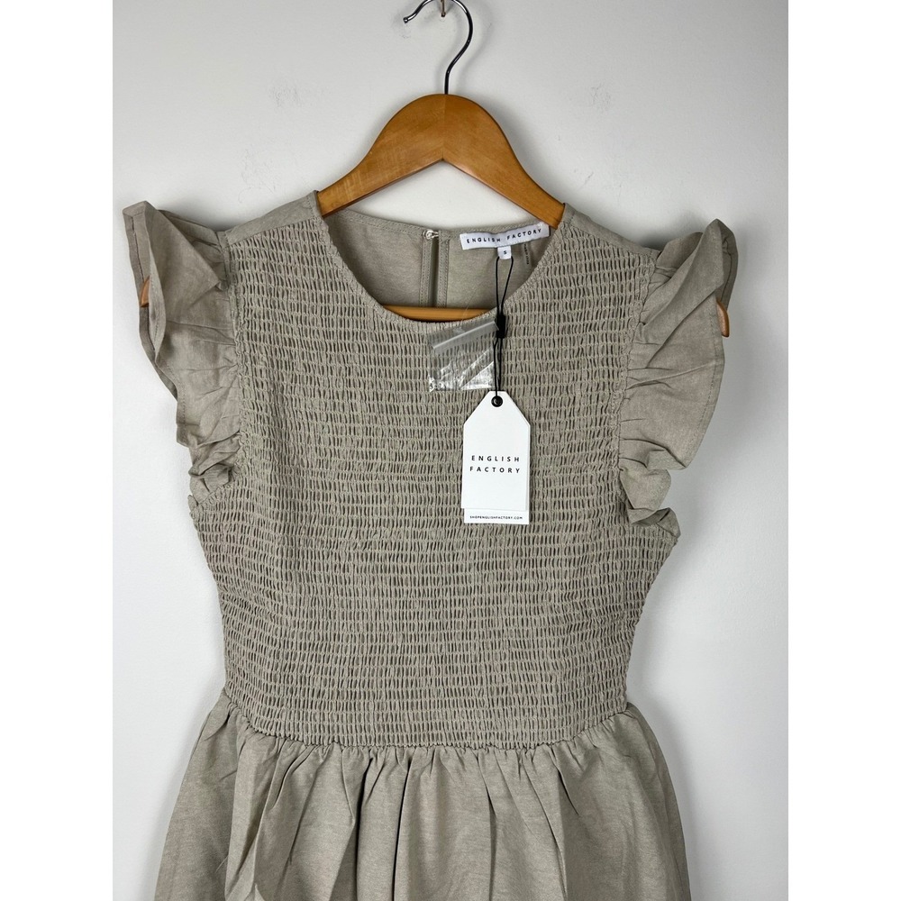 NWT English Factory Smocked Ruffle Sleeve Mini Dress Beige Small NWT BC225D - Picture 12 of 16